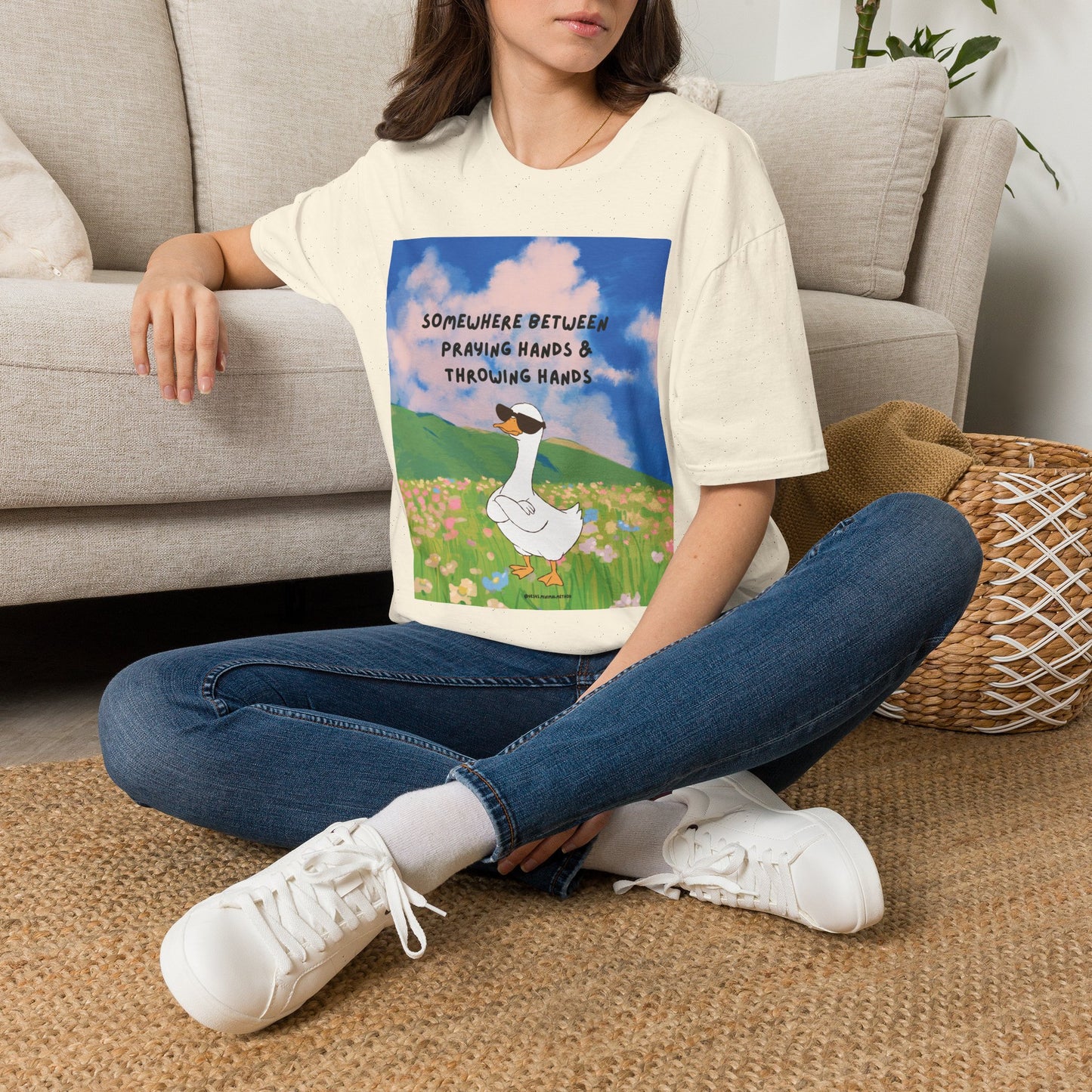 T‑Shirt — "Somewhere Between Praying Hands & Throwing Hands" Cute Goose Tee