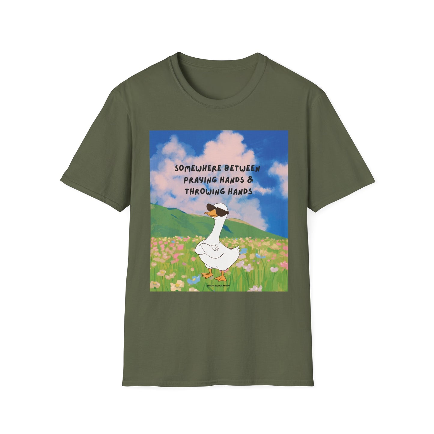 T‑Shirt — "Somewhere Between Praying Hands & Throwing Hands" Cute Goose Tee