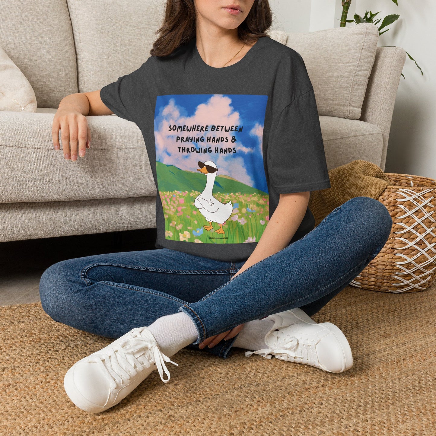 T‑Shirt — "Somewhere Between Praying Hands & Throwing Hands" Cute Goose Tee